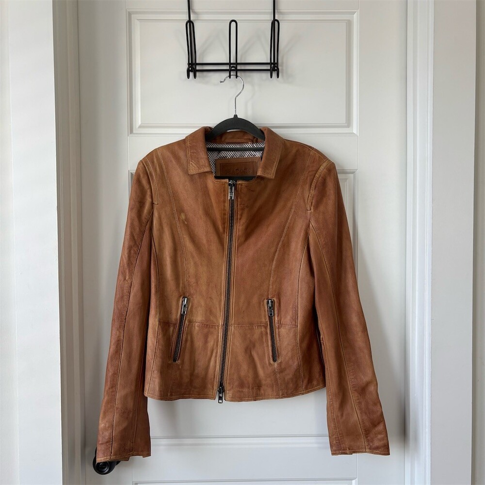 Maceoo VintageMoto Biker Jacket Womens Size S Yellow Tan Brown Full Zip Slim Fit